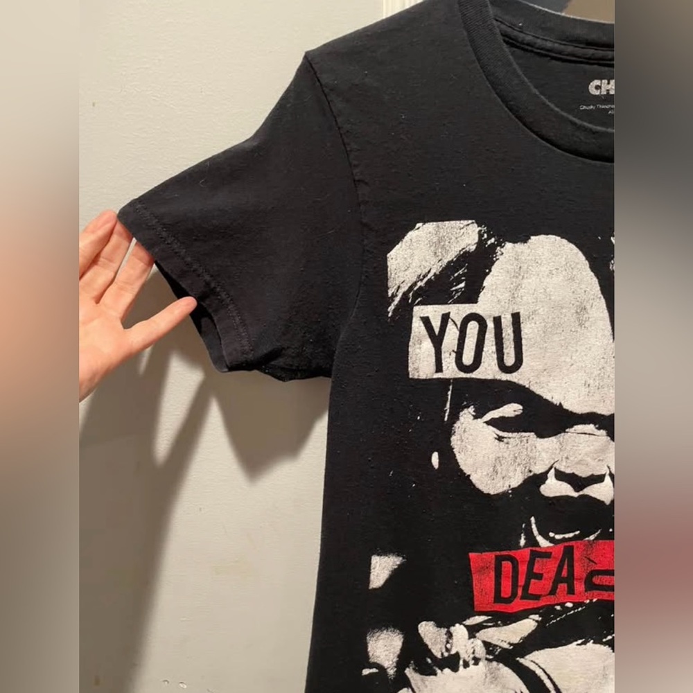 Chucky Black T-Shirt with Graphic Design in Good Condition. Adult Size Small. $6 - Picture 2 of 6
